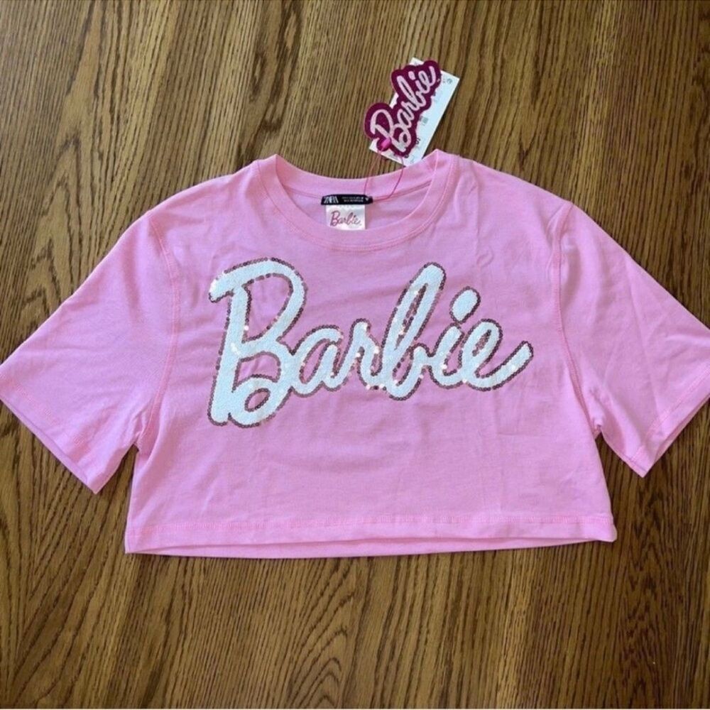 Barbie Women's Pink and White Crop-top